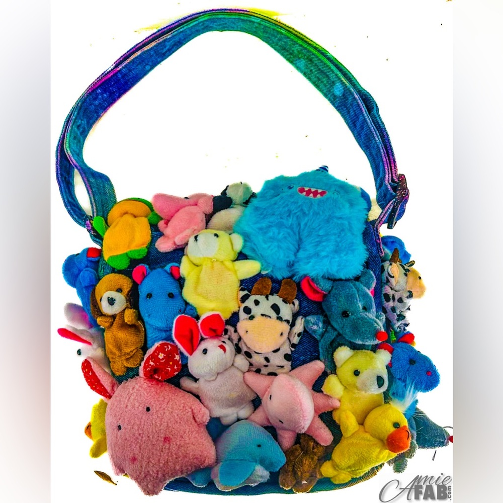 Plush toy animals, denim tie dyed purse, medium sized